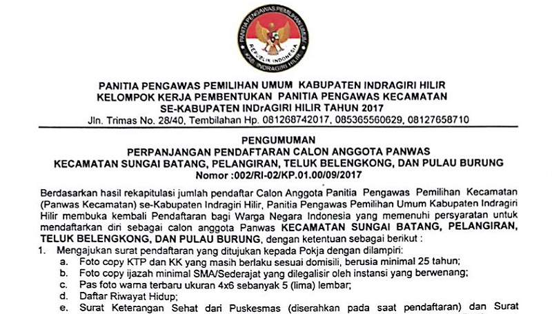 Minim pendaftar, Panwas Inhil Perpanjang Pendaftar di 4 Kecamatan