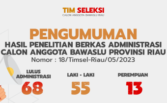 PENGUMUMAN HASIL PENELITIAN BERKAS ADMINISTRASI CALON ANGGOTA BAWASLU PROVINSI RIAU Nomor : 18/Timsel-Riau/05/2023